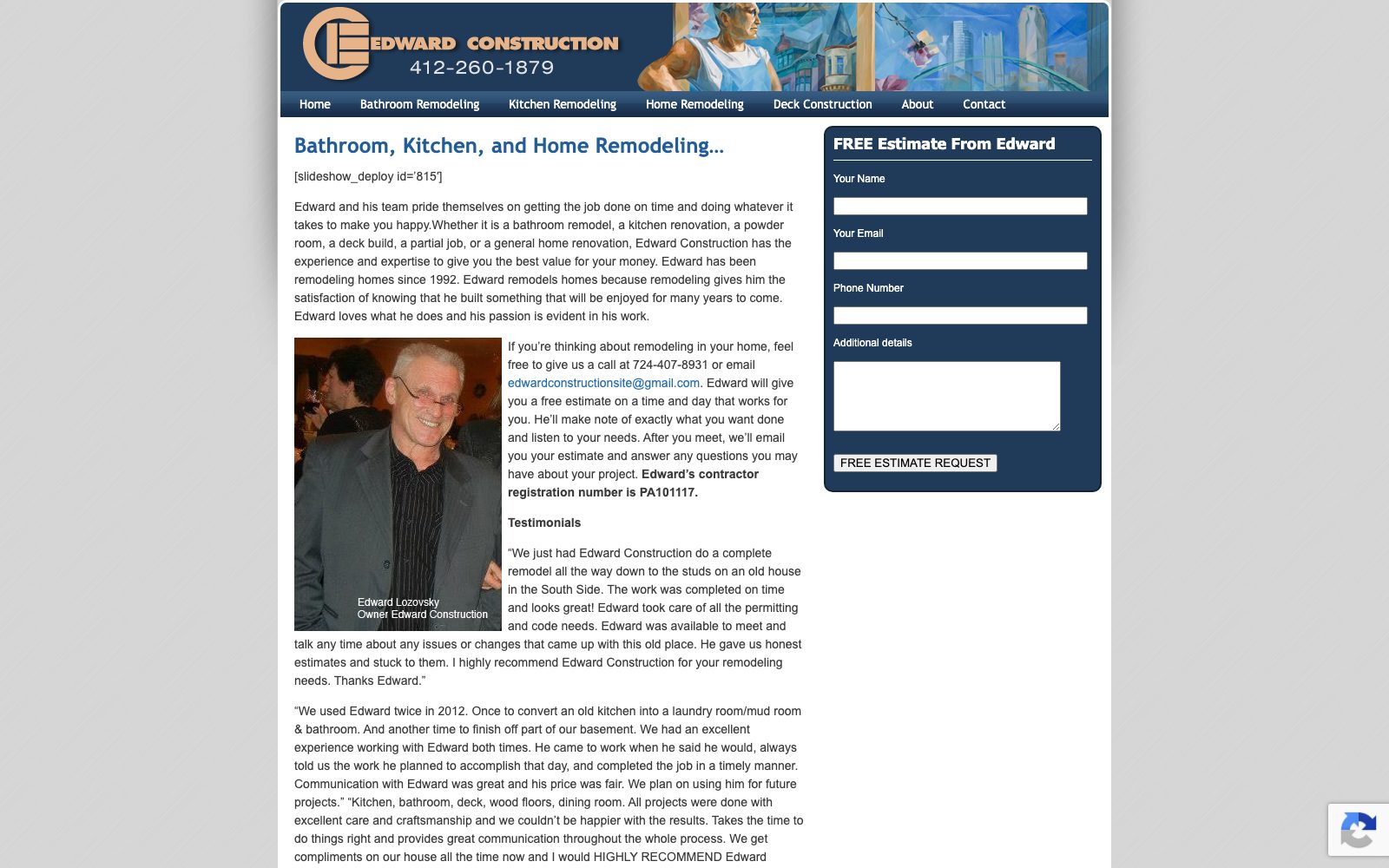 The current edwardconstruction.com homepage